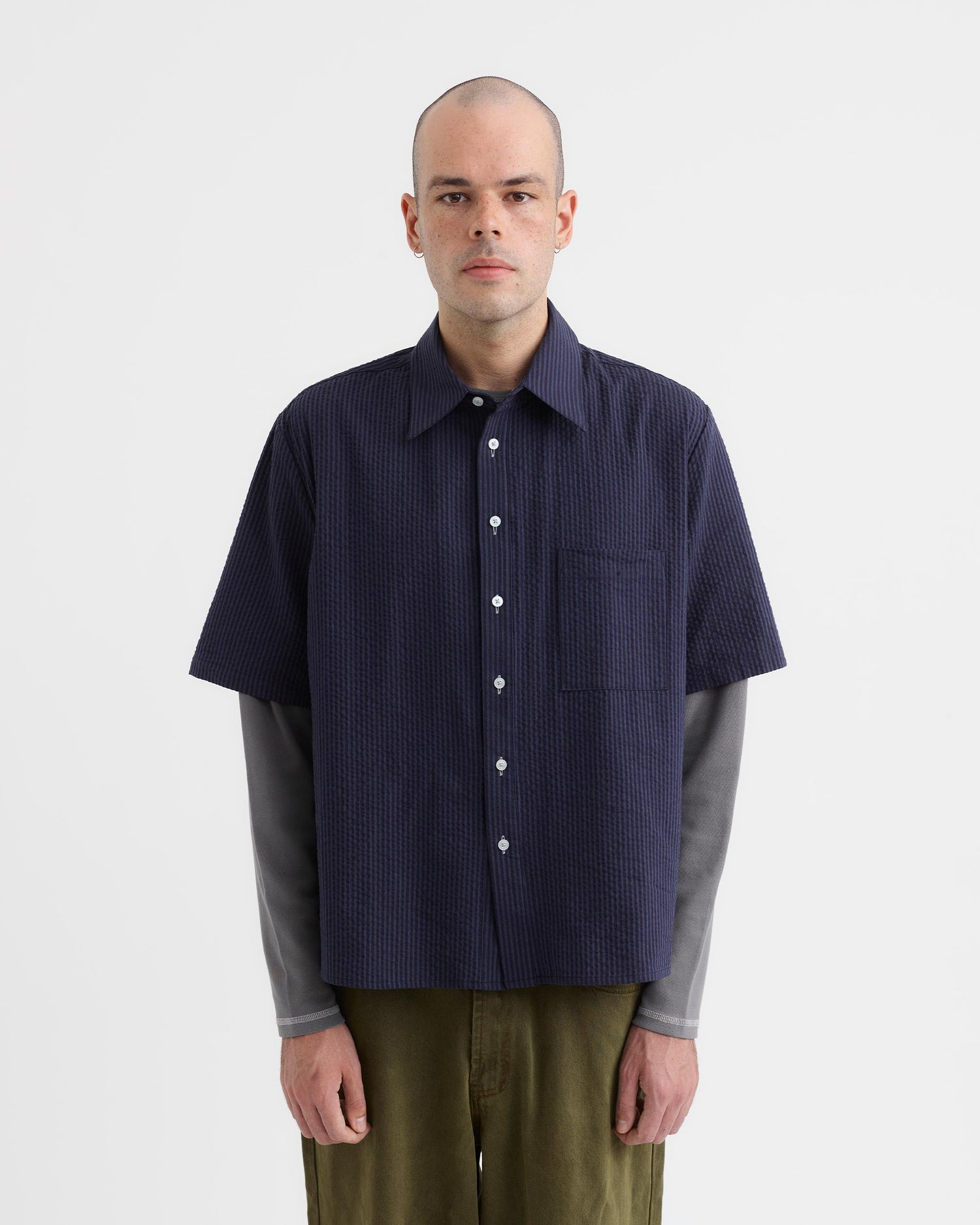 Short Sleeve Seersucker Shirt - Navy