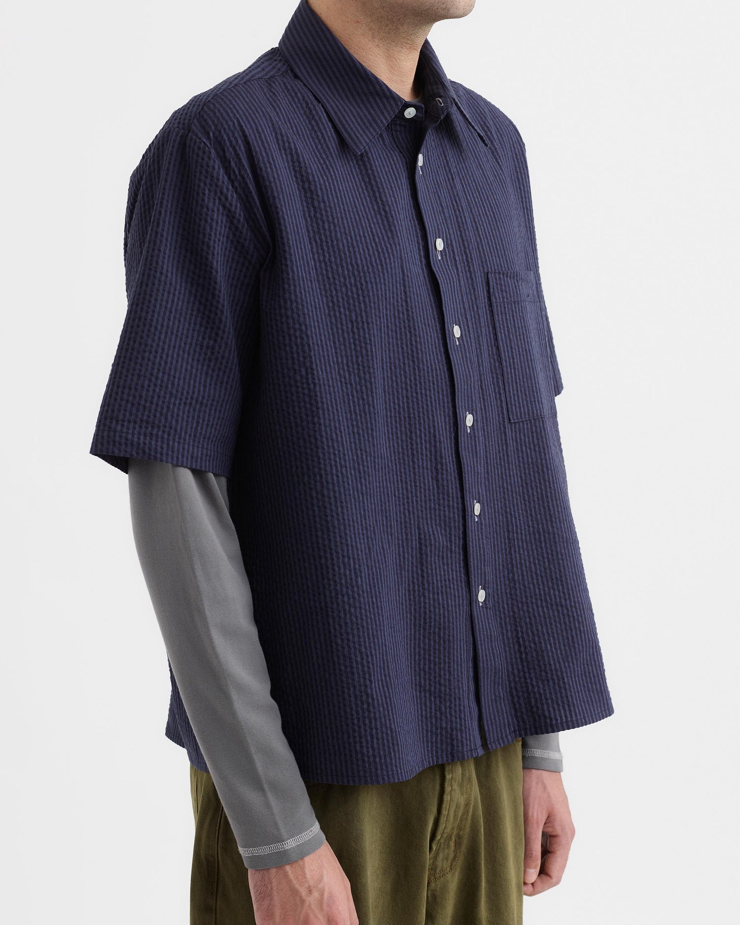 Short Sleeve Seersucker Shirt - Navy