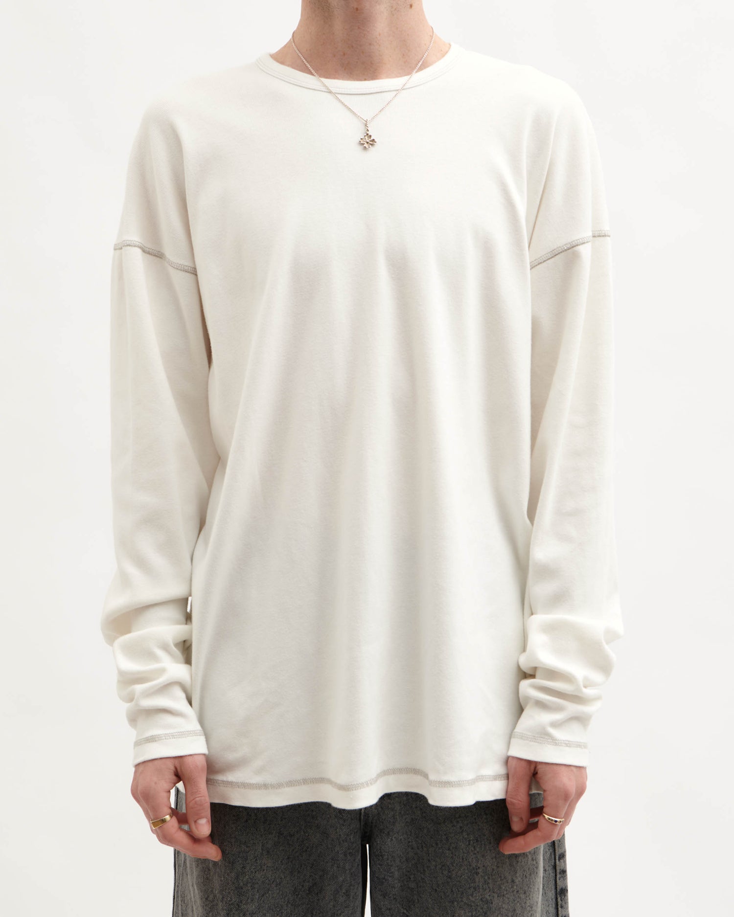 Heavy Rib Knit LS Tee - White