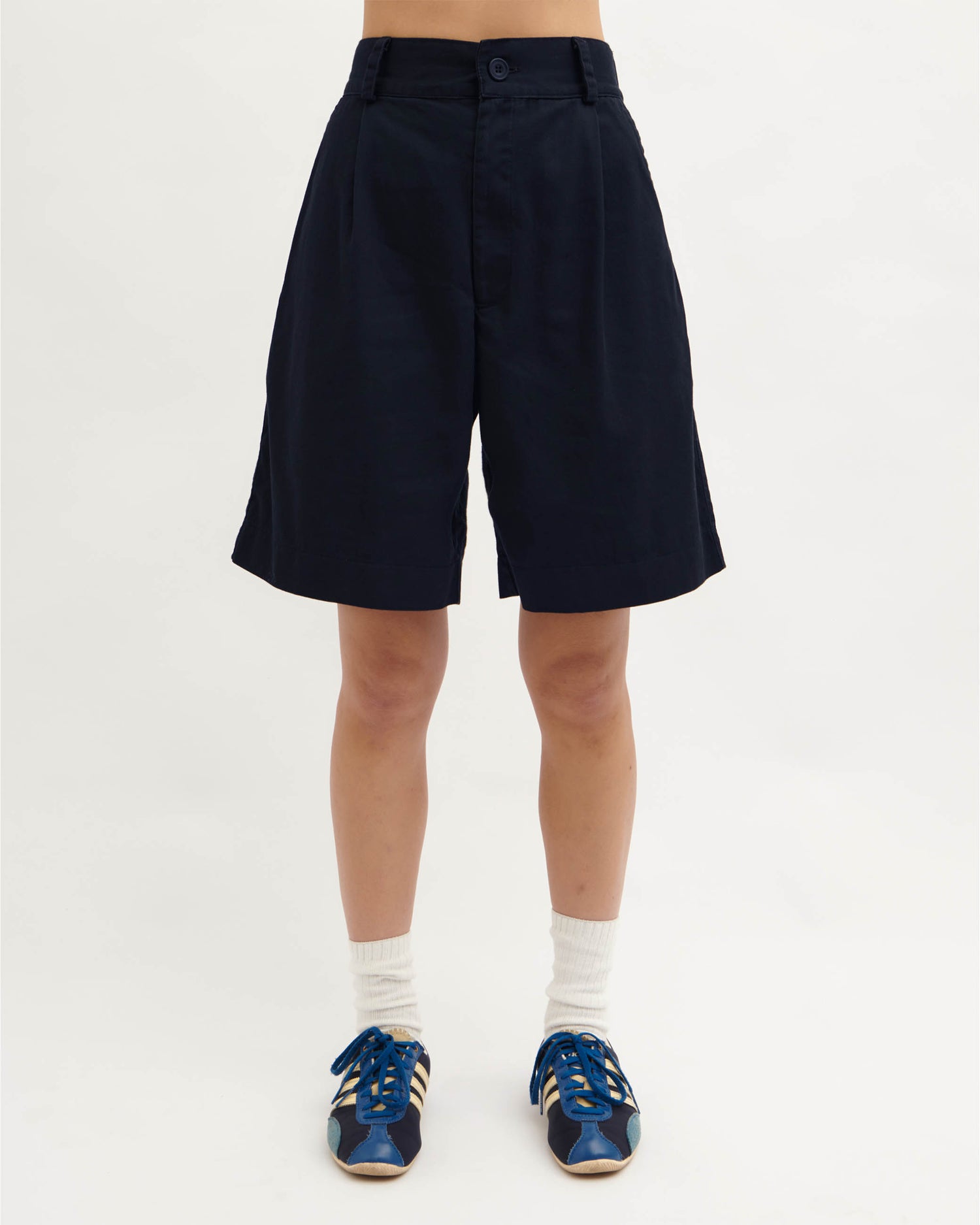 Pleated Wide Shorts - Washed Navy